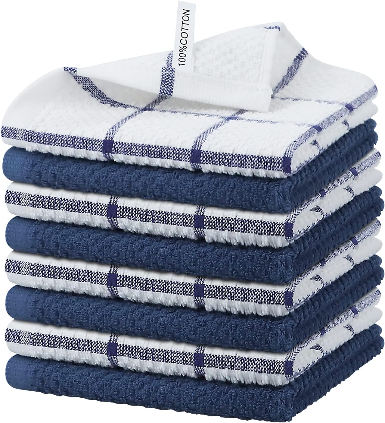 Nialnant 8 Pack Dish Rags,100% Cotton Dish Towels for Kitchen,Super Absorbent Kitchen Dish Cloths,Dish Rags with Hanging Loop,12x12 Inches,Navy Blue