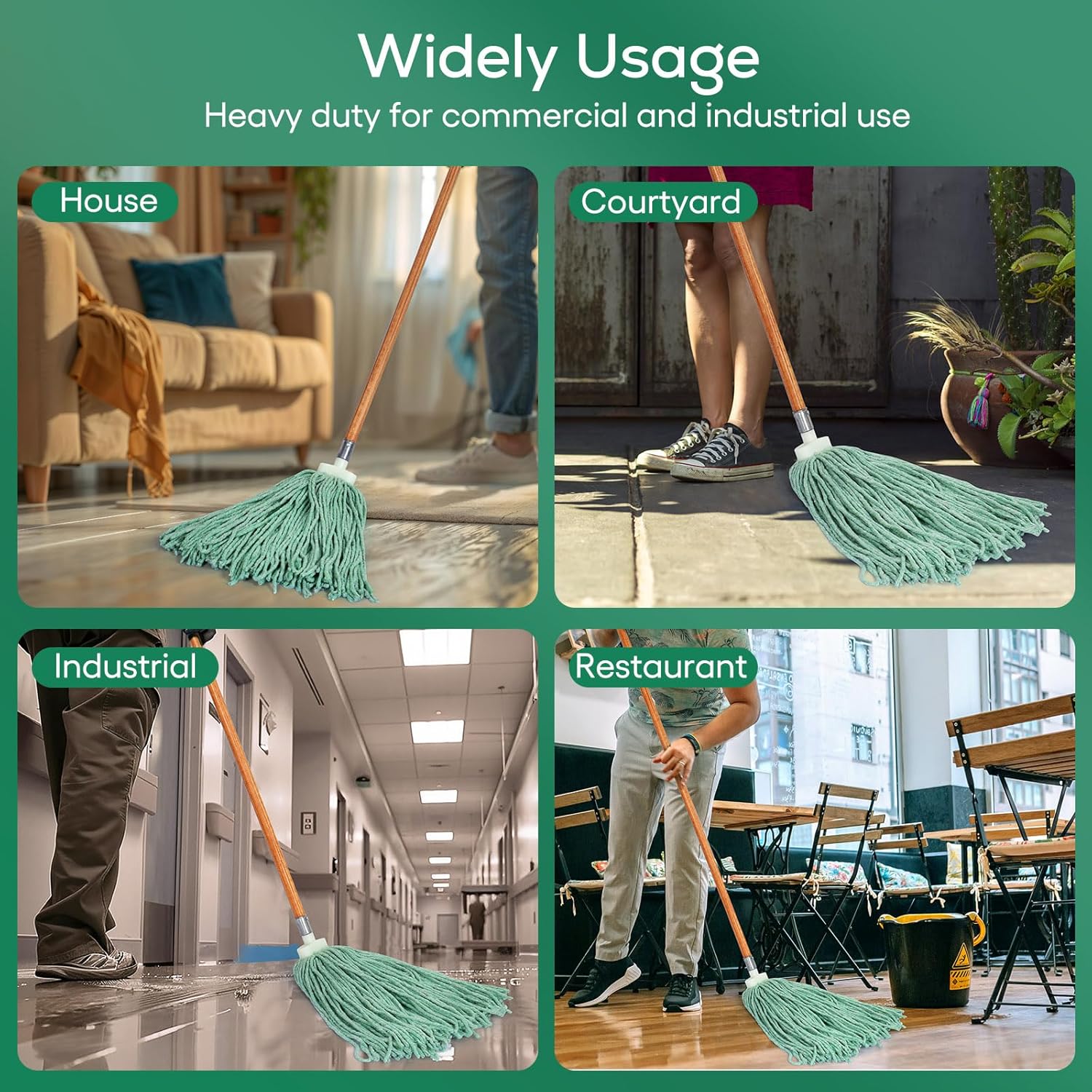 Matthew Cleaning Screw-on Heavy Duty Cotton Wet Mop Replacement Heads(Green, Medium,6 Pack) with 2 Pack Microfiber Cloth for Residential & Commercial Floor Cleaning Use- Fit Standard American Screw