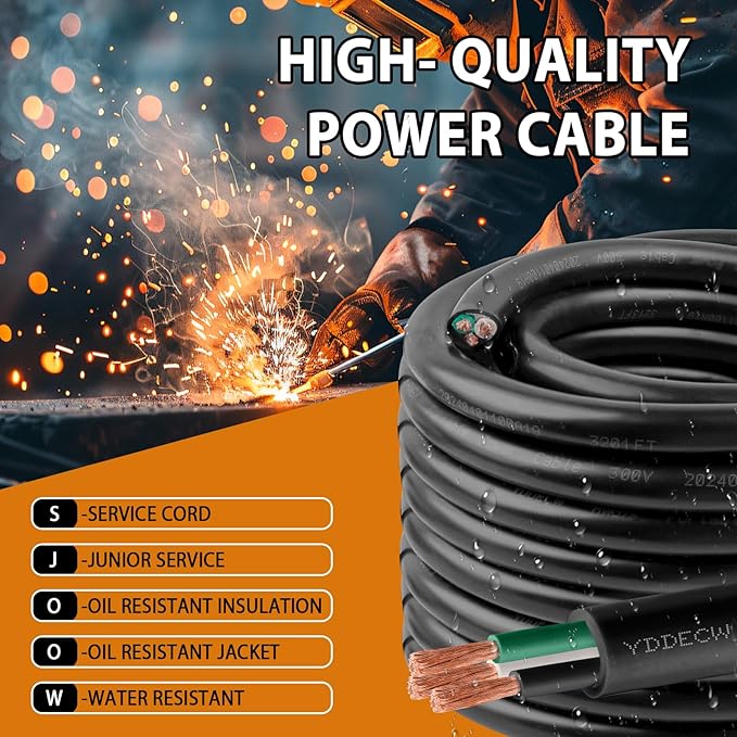250ft 12/3 12 AWG Portable Power Cable (3 Conductor) - SJOOW 300V 12 Gauge Electric Wire for Motor Leads, Portable Lights, Battery Chargers and Machinery - 3 Conductor - 250 Feet Electrical Cord