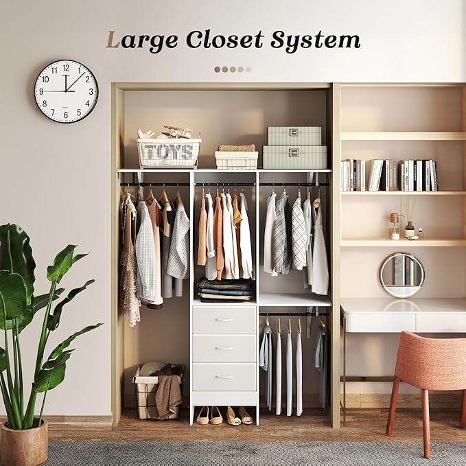 YOUDENOVA 5FT Closet System with 3 Drawers, 59 Inches Wood Closet Organizer System, Walk-in Closet Built In System Tower, Closet Wardrobe Clothes Garment Racks, White
