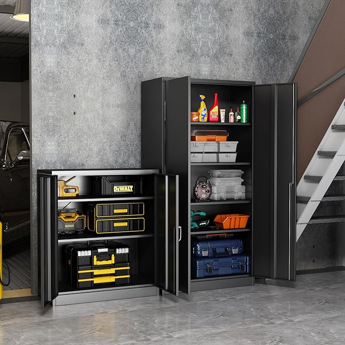 Black Metal Storage Cabinet with Door, Locking Steel Cabinet with 4 Adjuestable Shelves, Tall Lockable Garage Tool Storage Cabinet for Home, Office, Pantry, Assembly Required