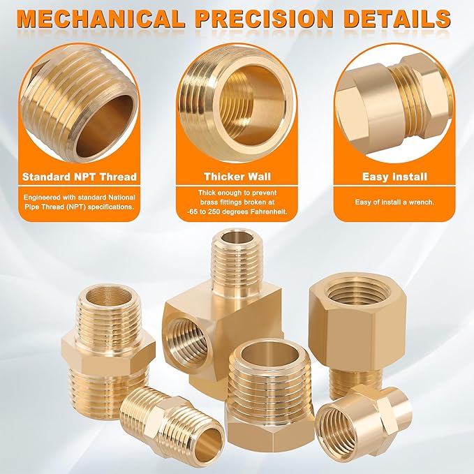 68PCS Brass Pipe Fitting & Adapters Assortment Kit, NPT Adapter, Hex Nipple,Hex Coupling, Hex Head Plug, Busing,Reducer Coupling, 45 Degree & 90 Degree Street Elbow, Male Run Tee