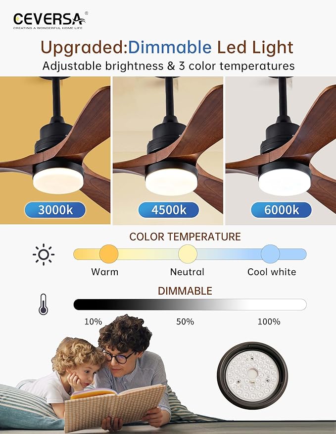 42 Inch Wood Ceiling Fans with Lights and Remote,Outdoor Ceiling Fan for Patios with Dimmable Led Light,Walnut 3 Blades,Memory Modern Fan for Living Room,Office,Indoor