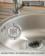 Commercial Sink Drain: 3-1/2" Sink Opening Waste Drain Valve - Brass Kitchen Sink Drain With Twist Handle - Commercial Sink Stopper Prevents Sink Clogged Overflow For Restaurant Multi-Basin Sink