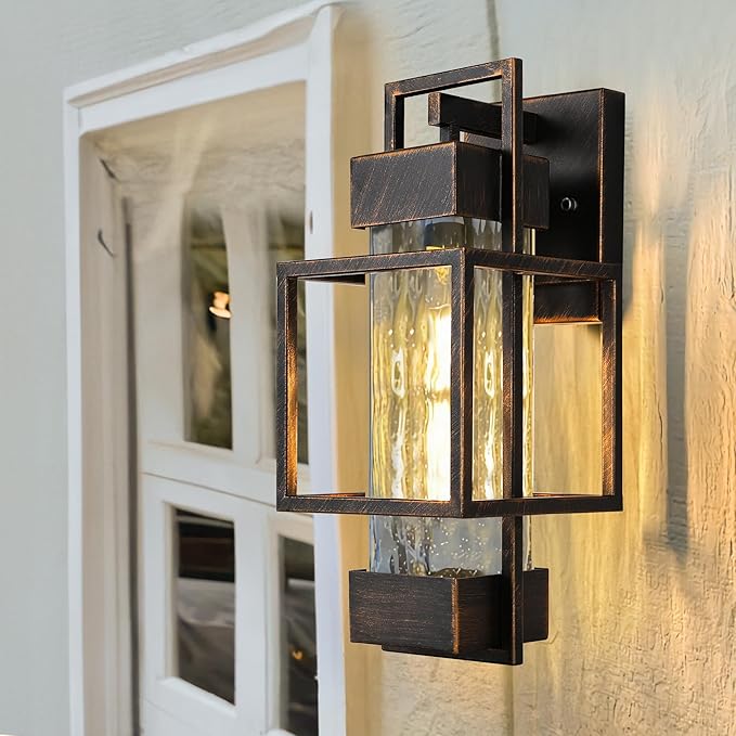 PARTPHONER Modern Outdoor Light Fixtures Dusk to Dawn Outdoor Lighting 2 Pack, 15" Exterior Wall Sconce Waterproof Outside Porch Light for House with Water Glass Black Brushed Gold