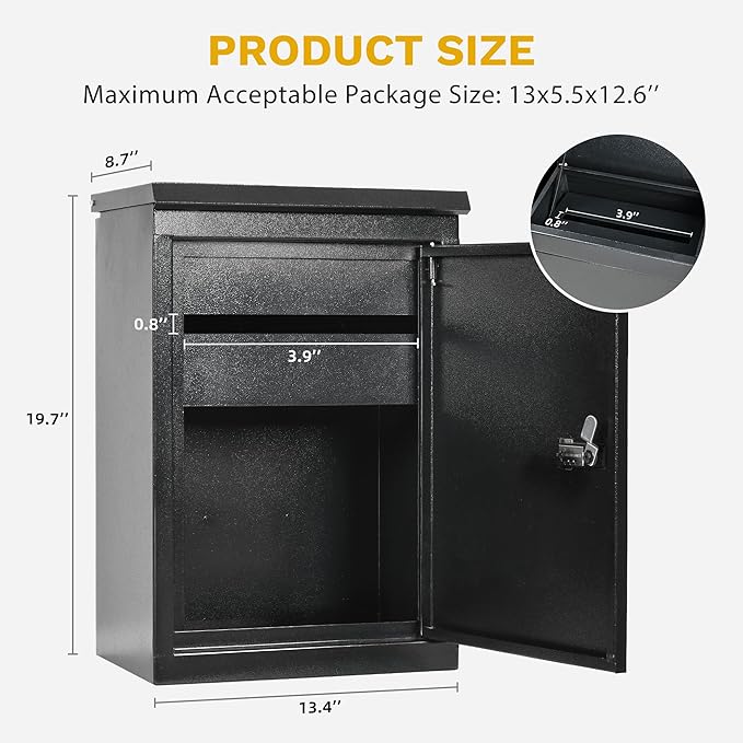 DWVO Wall-Mount Mailbox with Password Lock & Secure Lid, Parcel Drop Box, Anti-Theft Lockable Storage Box for Home, Office & School, Wall-Mounted or Floor-Mounted, Black, 9 gallons