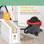 12 Pack 23743 VF3502 Vacuum Bags Compatible with Ridgid 12 to 16 Gallon Wet Dry Vacuums, High Efficiency Replacement Filter Bags for Model WD1950 WD1956 WD1850 WD1851 RV2400HF WD1450 WD1680 WD1270