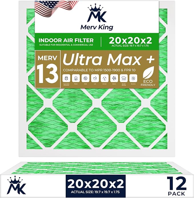 MervKing 20x20x2 Air Filter Actual Size: 19.7" x 19.7" x 1.75" MERV 13 MPR 1500-1900 | MADE IN USA | 12-Pack | Pleated HVAC AC Furnace Replacement