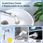 Marchpower Electric Spin Scrubber, Power Shower Scrubber Cordless Cleaning Brush 6 Replaceable Brush Heads, 2 Speeds, Adjustable Detachable Handle, IPX7 Waterproof Bathroom Scrubber Tub Tile Floor