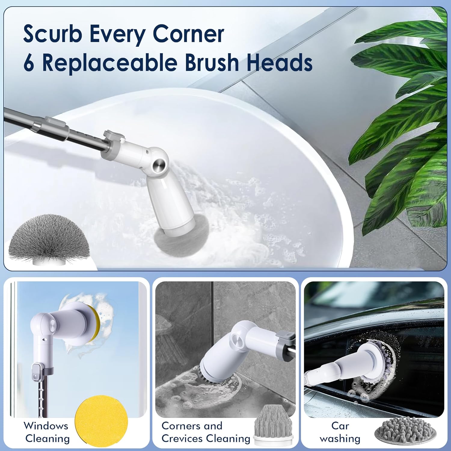 Marchpower Electric Spin Scrubber, Power Shower Scrubber Cordless Cleaning Brush 6 Replaceable Brush Heads, 2 Speeds, Adjustable Detachable Handle, IPX7 Waterproof Bathroom Scrubber Tub Tile Floor