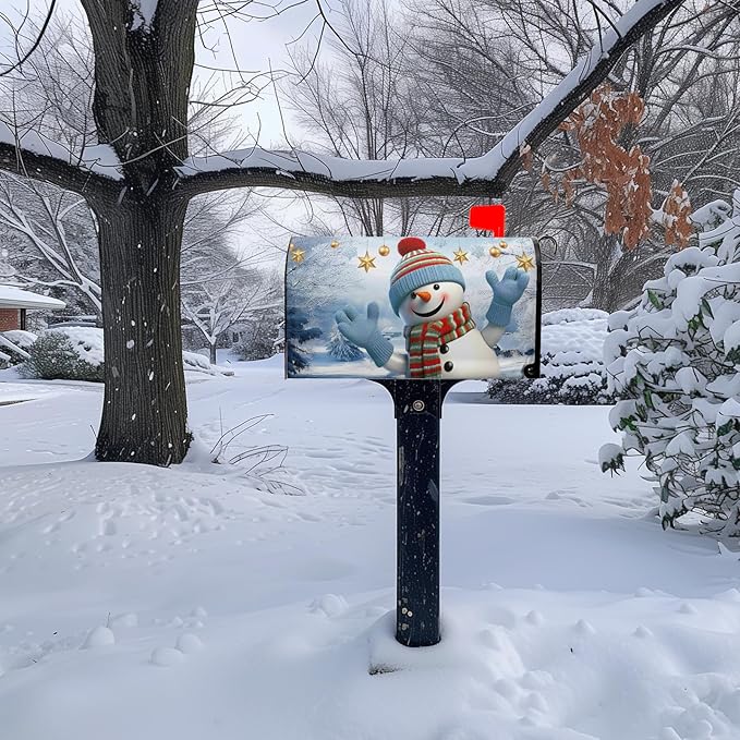 Snowman Winter Mailbox Covers Magnetic Large Size 25.5x21 Inch Snowflakes Holiday Mailbox Cover Oversized Outdoor Decor Farmhouse Post Letterbox Wraps for Garden Yard