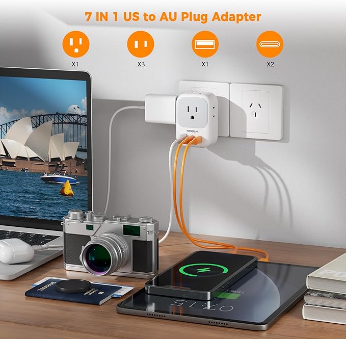 TESSAN Australia New Zealand Plug Adapter (No Voltage Conversion), Type I Power Adaptor with 4 Electrical Outlets 3 USB Charger (2 USB C) for US to Australian AU Argentina Fiji China Cook Islands