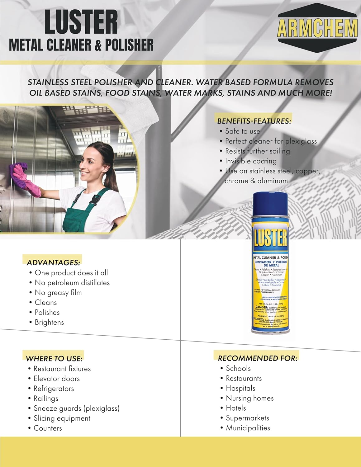 Luster Metal Cleaning Spray: Water-Based Cleaner for Metal Surfaces | Removes Oil, Food Stains, Watermarks | Polishes and Restores Shine to Stainless Steel, Chrome, Copper, Aluminum | No Greasy Film.