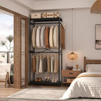 Homykic Bamboo Clothes Rack with Shelves and Double Hang Rods, Portable Closet System Garment Rack for Hanging Clothes, Tall Clothing Rack Corner Closet Organizer, Easy to Built, Freestanding, Black