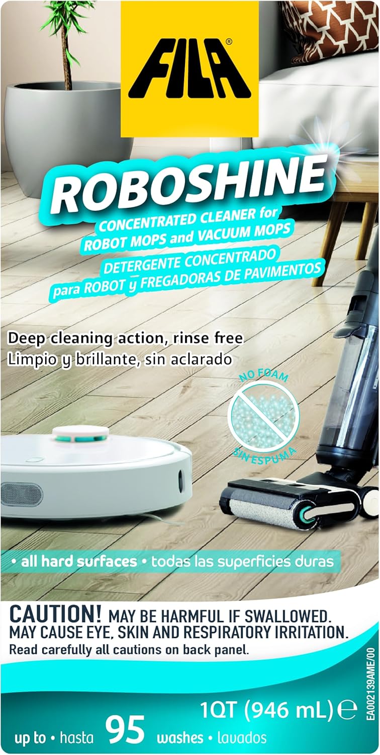 FILA Surface Care Solutions, ROBOSHINE, Detergent for All Robot Vacuum and Mop Combo and Wet Dry Vacuum Cleaner, Up to 100 Washes, Hard Floor Cleaner Mop Liquid for All Floor Tiles, 1Qt