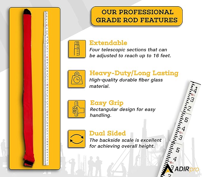 AdirPro 16-Foot Fiberglass Grade Rod – 10ths, 4-Section Telescoping Rectangular Leveling Rod – Non Glare and Corrosion Resistant – Heavy Duty Carrying Case Included