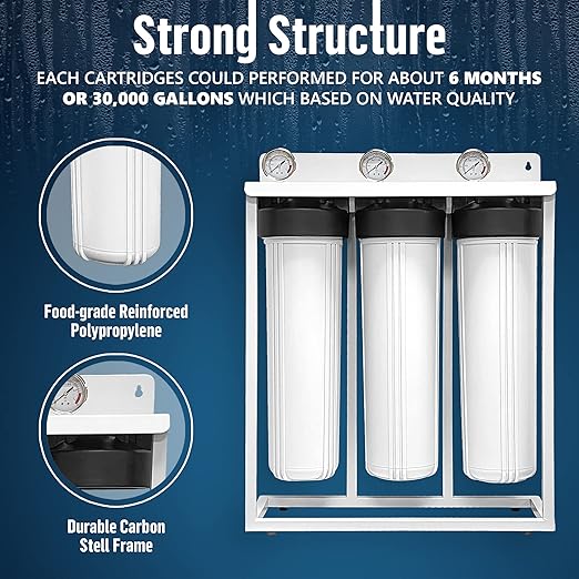 3 Stage High Capacity 20” White Whole House Water Filter System, Freestanding Steel Frame, Sediment, GAC+KDF & Carbon Cartridges, Presser Relief Button, 1” Brass Port, Pressure Gauges, Double O-Ring