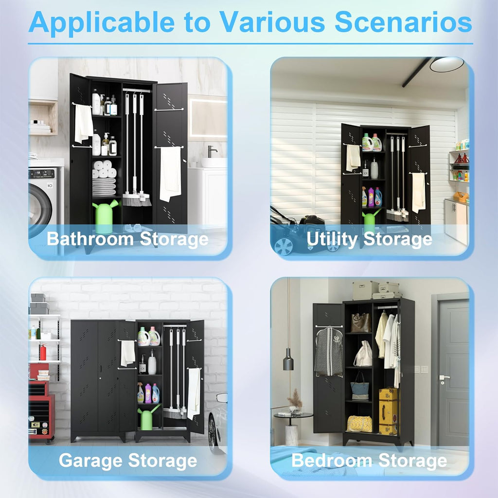 71'' Metal Storage Cabinet with Doors, Multifunctional Bathroom/Garage Lockable Steel Cabinet, Broom Closet Storage with Hanging Rod (Style-1)