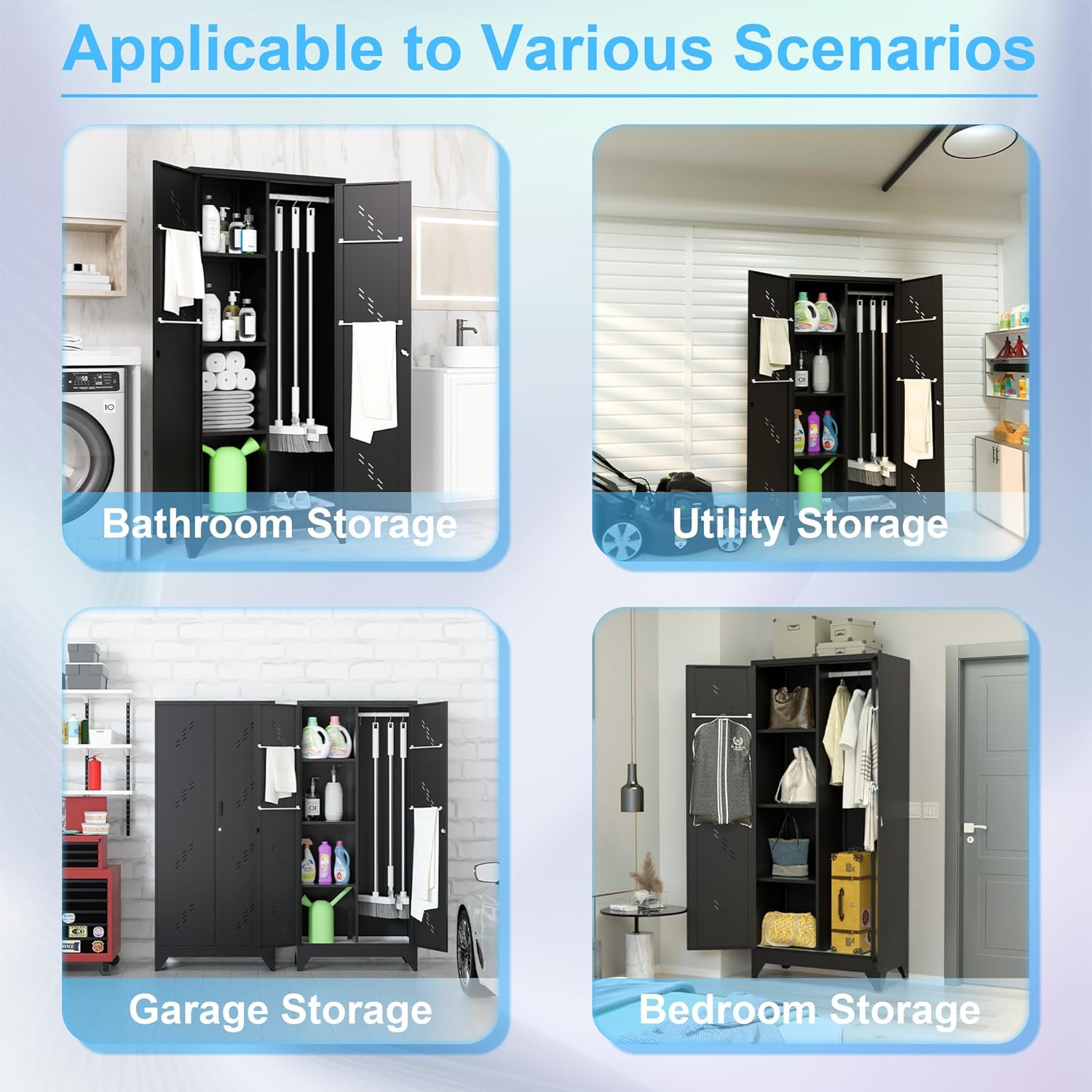 71'' Metal Storage Cabinet with Doors, Multifunctional Bathroom/Garage Lockable Steel Cabinet, Broom Closet Storage with Hanging Rod (Style-1)