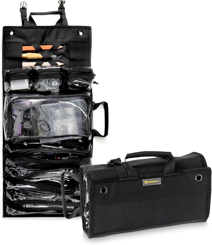 Heavy-Duty Roll Up Tool Bag Organizer w/Transparent Pockets for Quick View & Easy Access. 7 Reinforced Pockets w/Zippers, Multiple Carrying & Hanging Handles, Elastic Organizers & Adjustable Strap