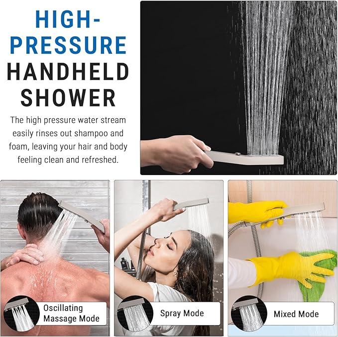 G-Promise All Metal 16 Inch Shower Head with Massage Mode Handheld, Rain Shower Head with Handheld Spray Combo, 3-Way Diverter with Pause Setting, 12 Inch Adjustable Extension Arm (Brushed Nickel)