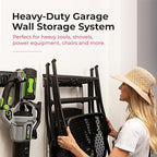 Heavy-Duty Garage Wall Storage System | Wall Mounted Tool Organizer Rack with Shelving | 12-Piece Mounting Kit | 6x10” Double-Layered Hooks & 2x24” Floating Utility Shelves