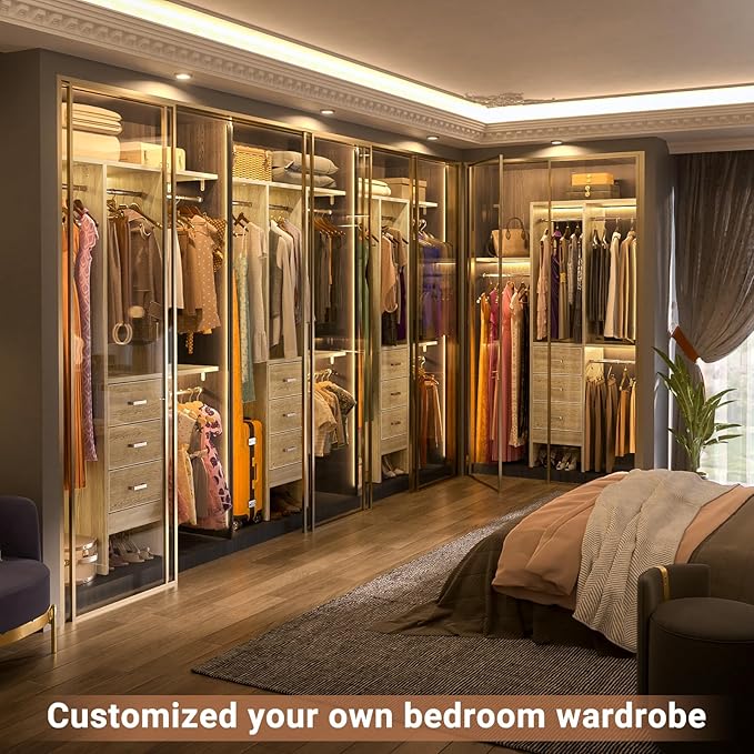 4FT Small Closet System with 3 Fabric Drawers, 48'' Closet Organizer System With 3 Adjustable Shelves, Flexible Built-In Clothes Garment Rack for Small Space, 48"L x 13"W x 71"H, White Oak