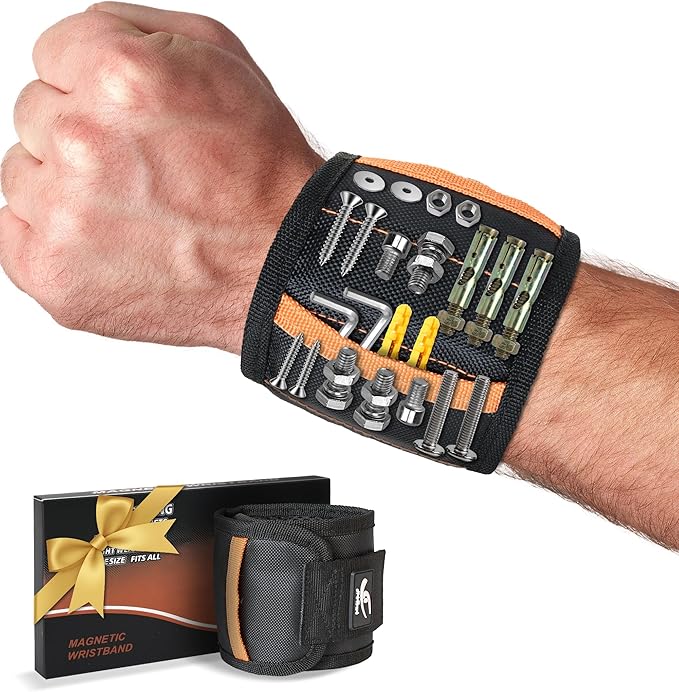 HiRui Magnetic Wristband for Tools – Ultra-Strong 15 Neodymium Magnets Hold Screws, Nails & Bits, Dual Pockets – Hands‑Free for DIY, Home Repairs, Auto – Gift‑Ready for Dad, Husband, Grandpa (Black)