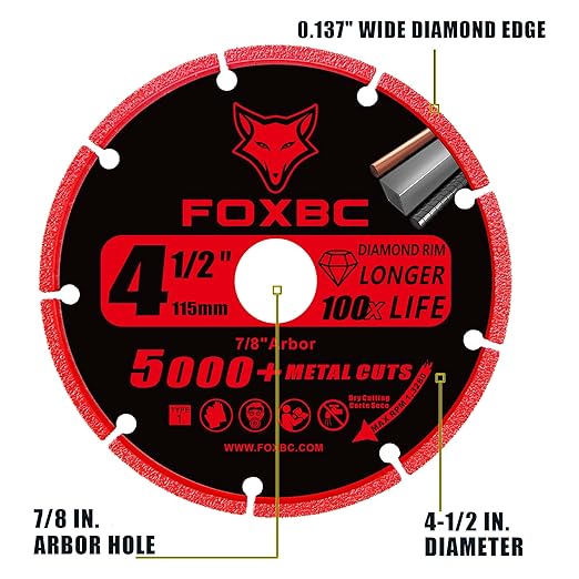 FOXBC 4-1/2 Inch Diamond Cutting Wheel Metal Cut Off for Angle Grinder, 5000+ Cuts on Rebar, Stainless Steel, Angle Iron, 7/8" Arbor - 3 Pack
