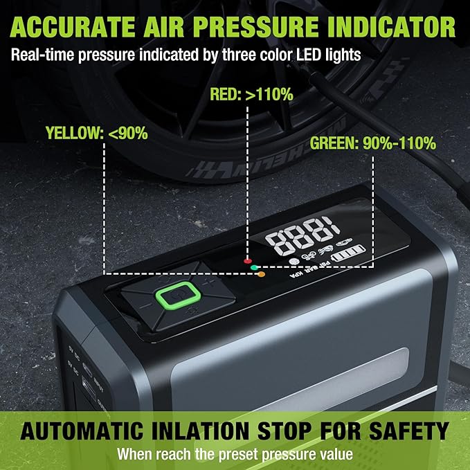 WORKPRO Portable Tire Inflator, 7.2V/12V Small/Mid/Large Air Compressor, Digital Display, Auto Shut-Off, 5 Modes, LED Light, High Airflow, for Car, Motorcycle, Bike, Balls