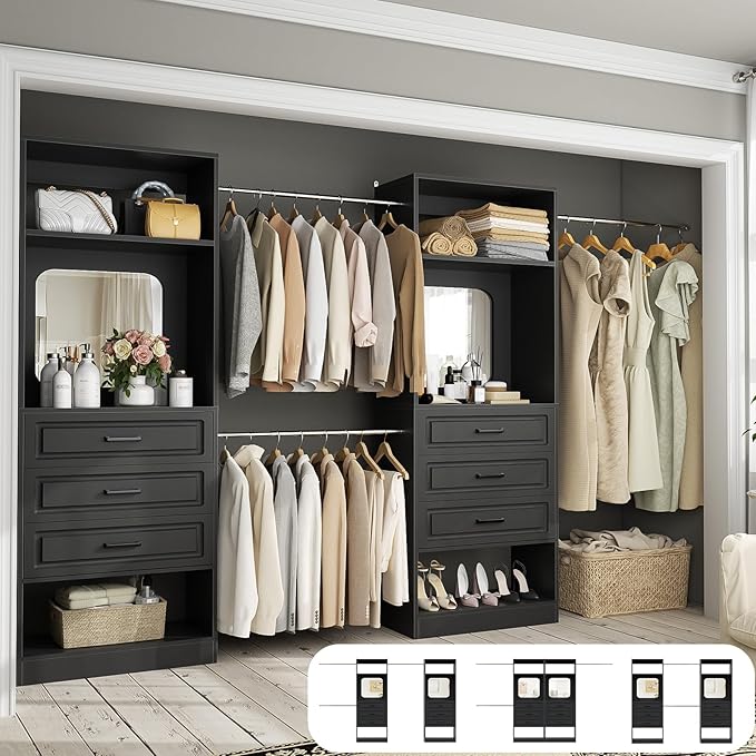 Unikito Closet System with 6 Drawers, 6-14Ft Closet Organizer with Mirror, Walk-in Closet Organizer Wardrobe Clothes Rack with 3 Hanging Rods, Sturdy Wood Clothing Garment Rack with Tower, Black