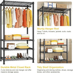 Ulif H2 Heavy Duty Clothes Rack, Freestanding 4 Tiers Garment Rack for Hanging Clothes with Shelves and Hangers, Closet Organizers and Storage Metal Closet Wardrobe System, Max Load 500 LBS, Black