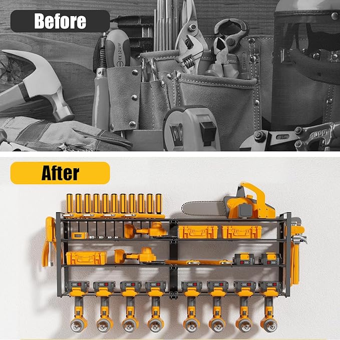 Wall Mount Power Tool Organizer, 4 Layer 8 Drill Hangers Storage Rack, Tool Organizers and Storage for Garage, Workshop, Pegboard, Shed - 33 inch