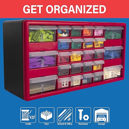 Akro-Mils 26-Drawer Plastic Drawer Storage Cabinet for Garage Organization, Bead Organizer, Building Bricks Storage, Teacher Toolbox, Makeup Organizer, 20" W x 6" D x 10" H, 10126 Red