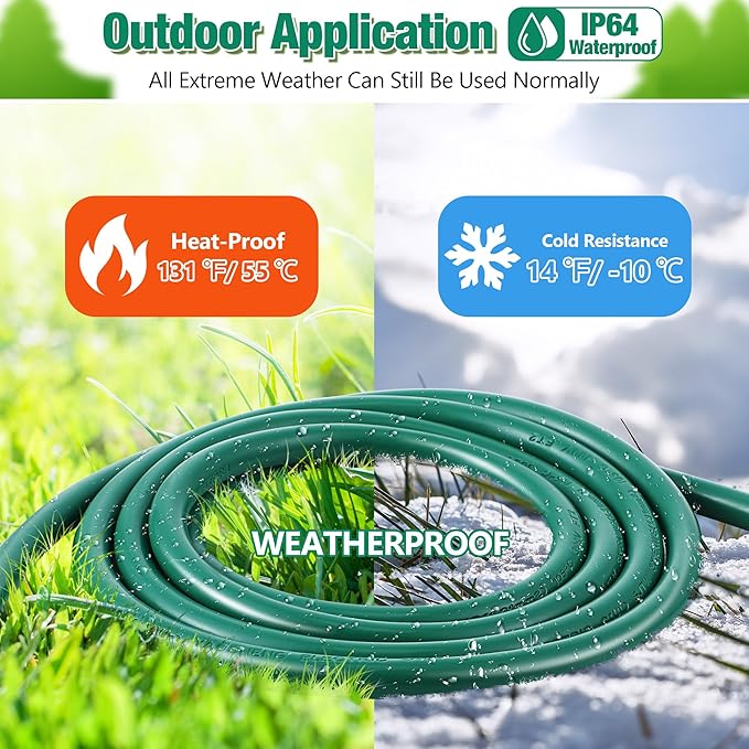 Feekoon 50FT Outdoor Extension Cord with Timer, 1 to 3 Way Extension Cord Splitter, 16AWG SJTW Heavy Duty 3 Plug Green with Multiple Outlets and Weatherproof Covers for Halloween Christmas