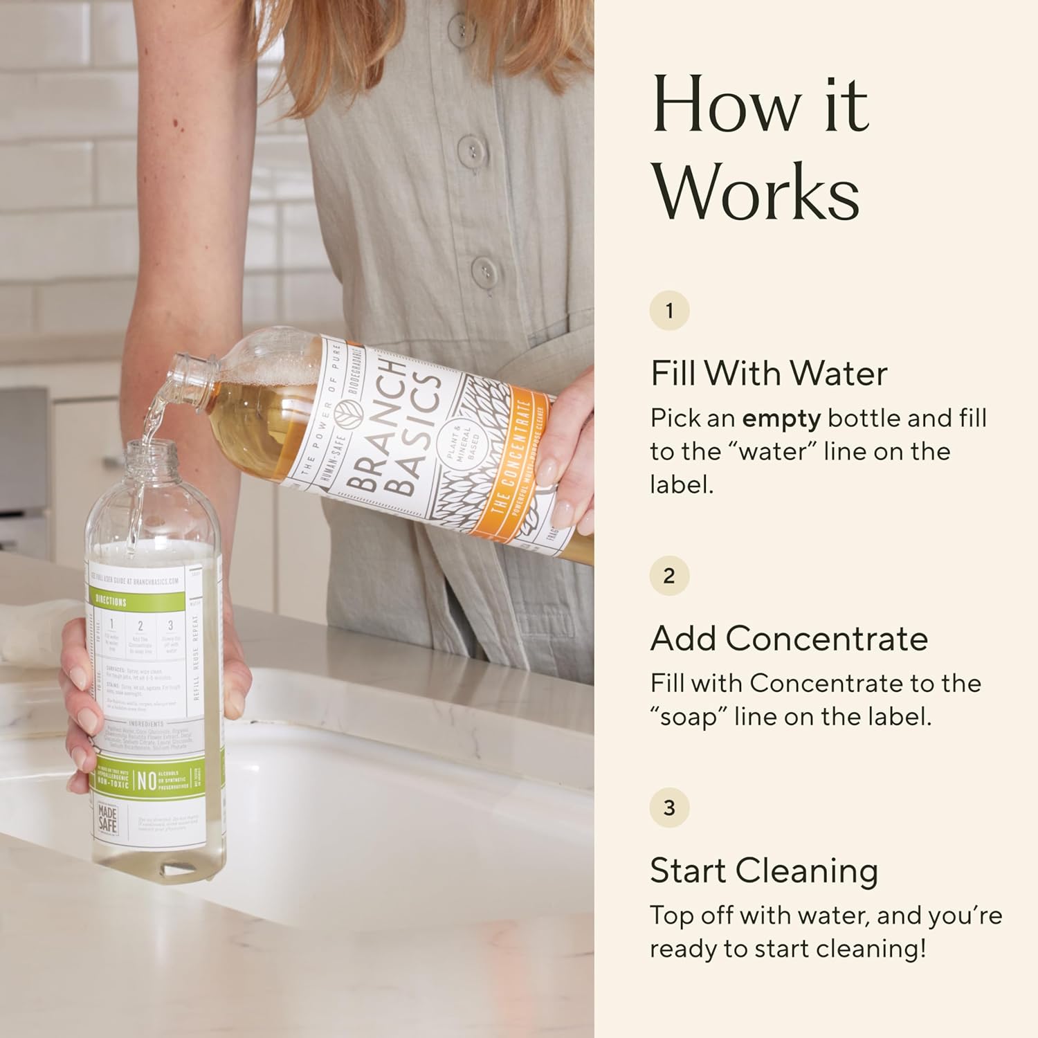 Branch Basics Cleaning Essentials Kit: All Purpose, Glass and Bathroom Cleaner - Concentrate (33.8 Oz) (17 Refills) + Refillable Plastic Spray Bottles (24 Oz) Plant Based, Human-Safe, & Fragrance Free