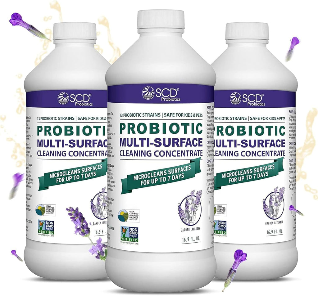 SCD Probiotics Probiotic Multi-Surface Cleaning Concentrate w/Lavender Essential Oil, Microcleans Surfaces for Up to 7 Days, Plant-Based and Multi-Surface 17 Fl Oz (3 Pack)