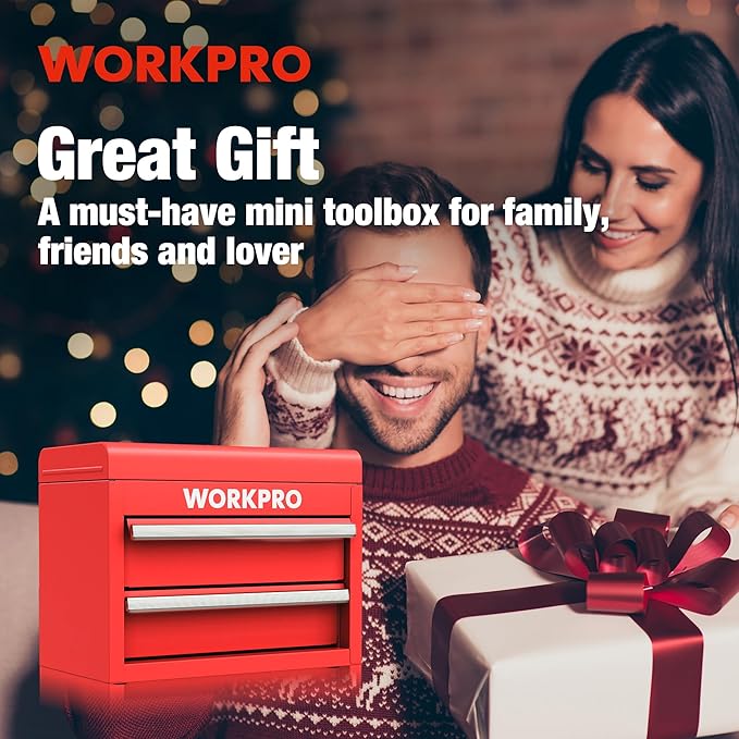 WORKPRO Mini Metal Tool Box with 2 Drawers and Top Storage, Small Tool Chest with PVC Liners and PP Feet Pads, Cold Rolled Steel Toolbox with Magnetic Tab