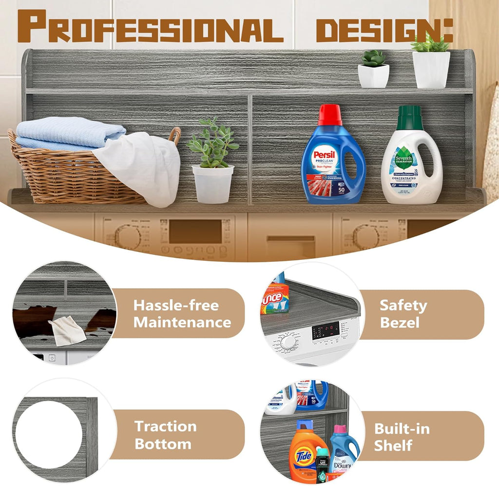 Royxen 2-Tier Washer Dryer Countertop,19.5"H Wood Washer and Dryer Topper with Shelf,Laundry Countertop Over Washer and Dryer, Universal Fit for Laundry Room Organization (Eucalyptus, 54"W X 27.5"D)