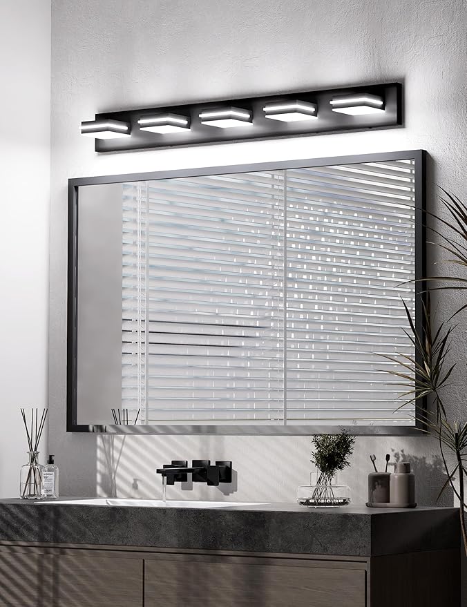 VOLISUN 5 Light Bathroom Vanity Light Fixtures 40 inch,Black LED Bathroom Lighting Fixtures Over Mirror, 360°Rotatable Head, LED Vanity Lights for Bathrooms (6000K)