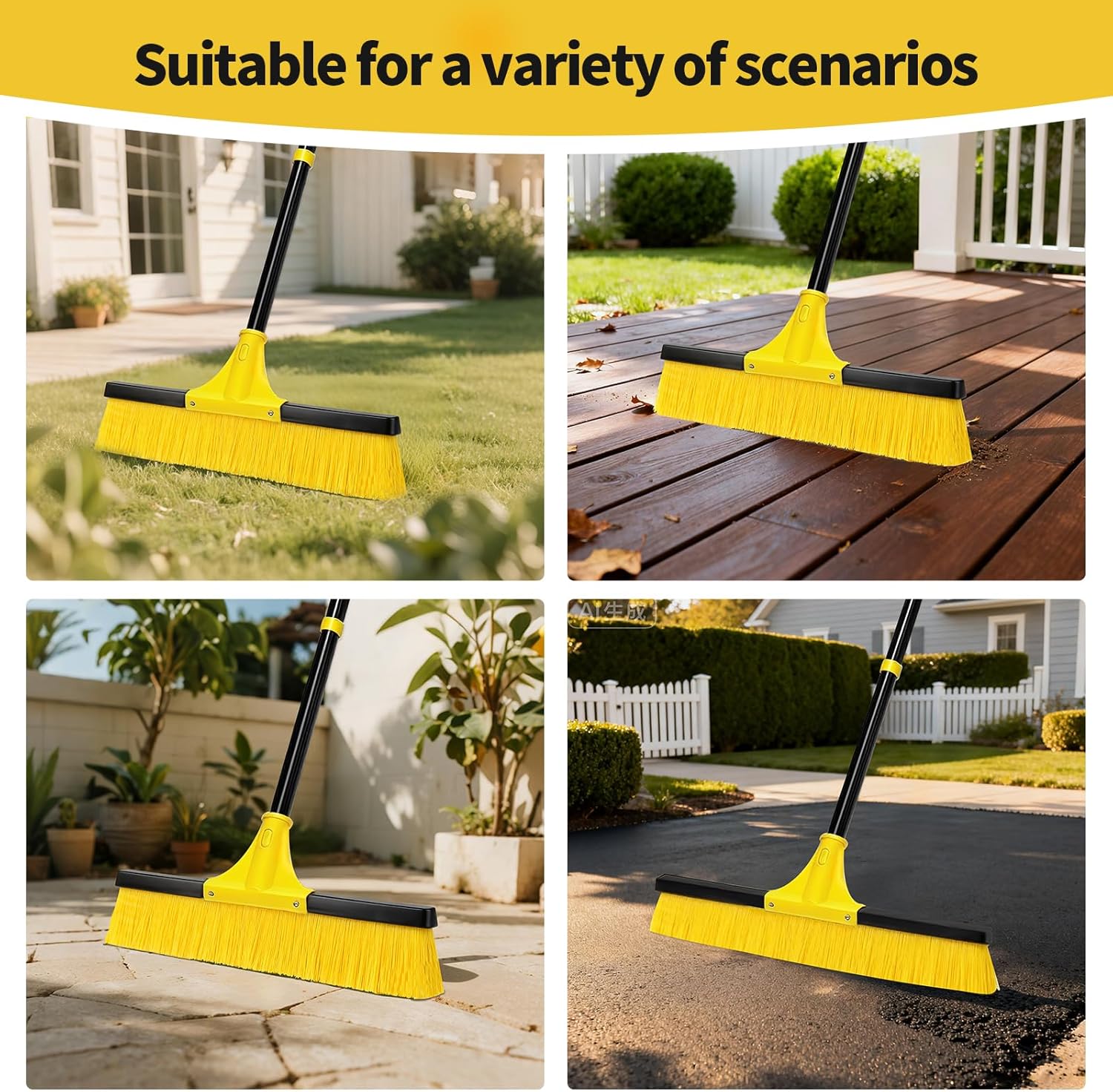 18”Push Broom Brush for Floor Cleaning with 60” Long Handle and Stiff Bristles, Heavy Duty Brush for Shop, Deck, Garage, Concrete,Indoor and Outdoor Broom