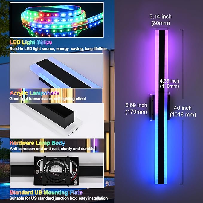 TODOLUZ 2-Pack 40-Inch Outdoor RGB Long Linear Wall Light Fixture, IP65 Waterproof 24W LED Exterior Wall Sconce Lighting with Remote Control for Indoor Party Garage