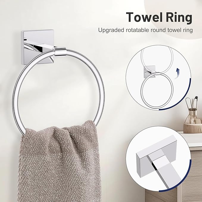5 Pieces Bathroom Hardware Set Polished Chrome Towel Bar Set Includes 23.6” Towel Bar, Towel Ring Holder, Toilet Paper Holder and Two Towel Hooks, Bathroom Accessories Set SUS304 Wall Mounted