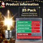 25 Pack Twinkle Christmas Replacement Bulbs, 7W Random Blinking Light Bulbs for Christmas String Light, Nightlights(Clear Twinkle,C9,E17 Intermediate Base)