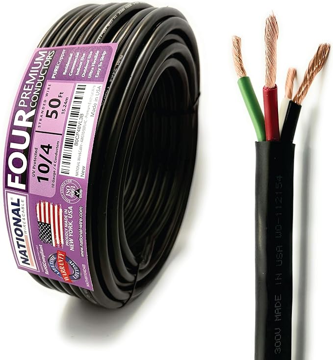NATIONAL Wire & Cable – 10 AWG 4-Conductor Premium Copper Wire, 50 ft, Stranded | Made in USA, Heavy-Duty Flexible Jacket | Automotive, Solar, Battery, Indoor and Outdoor Use