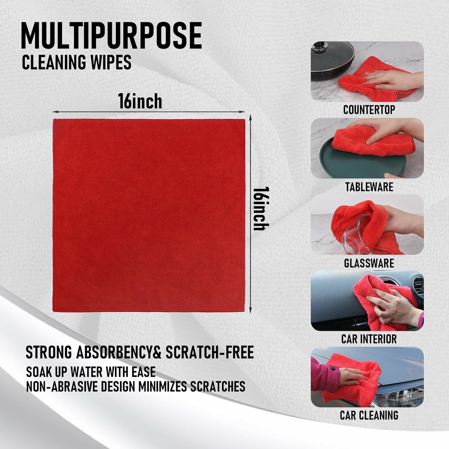 Tricol Clean Microfiber Cleaning Cloth, 16in*16in, 12 Pack Ultra-Thick Cleaning Rags, Super Absorbent, Lint Free & Streak Free Cleaning Towels for Car, House, Kitchen, Office