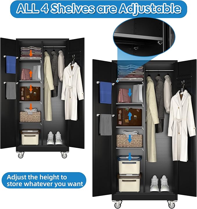 Garage Storage Cabinet with Wheels and 5 Pegboard, Broom Closet Storage Cabinet with Hanging Rod and 13 Hooks, Metal Cabinets with 4 Shelves for Garage, Home, 71"H x 31.5"W x 15.75"D, Black