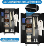 Garage Storage Cabinet with Wheels and 5 Pegboard, Broom Closet Storage Cabinet with Hanging Rod and 13 Hooks, Metal Cabinets with 4 Shelves for Garage, Home, 71"H x 31.5"W x 15.75"D, Black