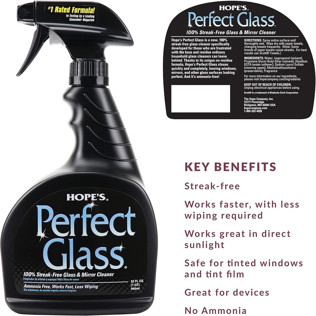 HOPE'S Perfect Glass Cleaner Spray, Streak-Free, Ammonia-Free Window, Mirror, Screen, Tinted Glass, and Shower Door Cleaner, Indoor and Outdoor Glass Surfaces, 32 Fl Oz, Pack of 2