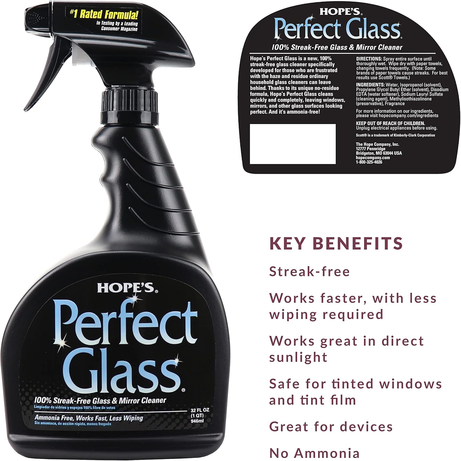 HOPE'S Perfect Glass Cleaner Spray, Streak-Free, Ammonia-Free Window, Mirror, Screen, Tinted Glass, and Shower Door Cleaner, Indoor and Outdoor Glass Surfaces, 32 Fl Oz, Pack of 2